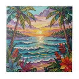Tropical Paradise | Coastal Beach Scene Impasto タイル
