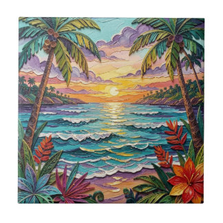 Tropical Paradise | Coastal Beach Scene Impasto タイル