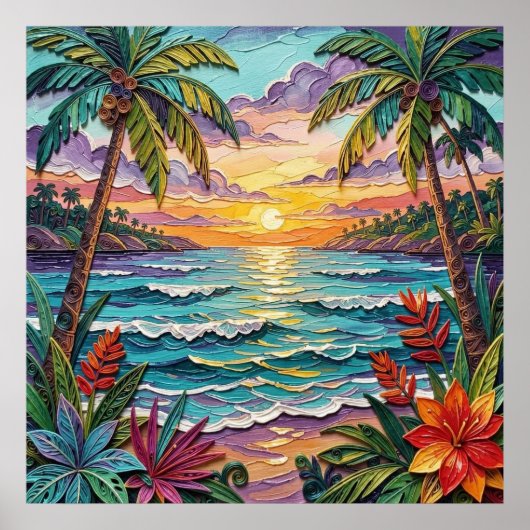 Tropical Paradise | Coastal Beach Scene Impasto ポスター (正面)