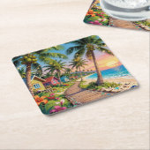 Tropical Paradise Coastal Seaside Cottage Ocean  スクエアペーパーコースター (アングル)