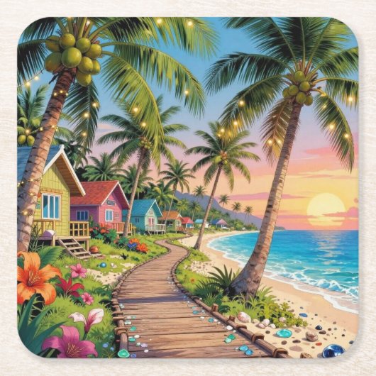 Tropical Paradise Coastal Seaside Cottage Ocean  スクエアペーパーコースター (正面)