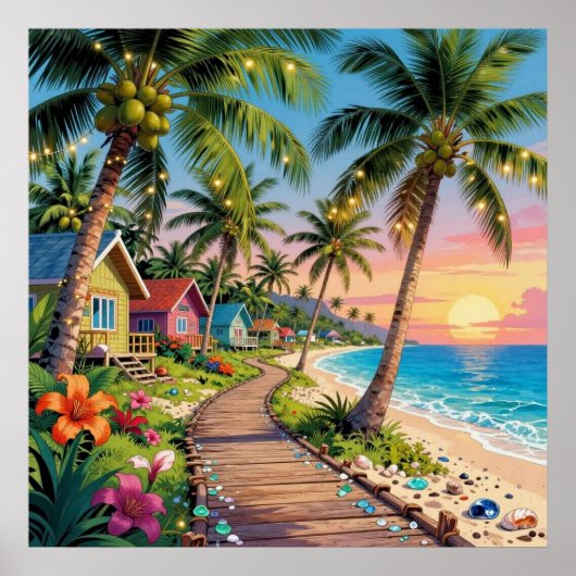 Tropical Paradise Coastal Seaside Cottage Ocean  ポスター (正面)
