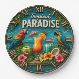 Tropical Paradise Colorful Macaw Cocktail Beach ペーパープレート