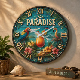 Tropical Paradise Colorful Macaw Cocktail Beach  ラージ壁時計