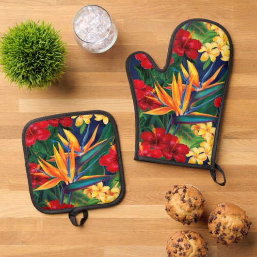 Tropical Paradise Hawaiian Floral 鍋つかみ&鍋敷きセット (トップダウン)