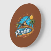 Tropical Paradise Island Logo Art ラージ壁時計 (傾斜)