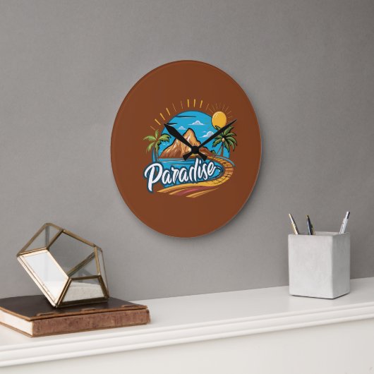 Tropical Paradise Island Logo Art ラージ壁時計 (オフィス)