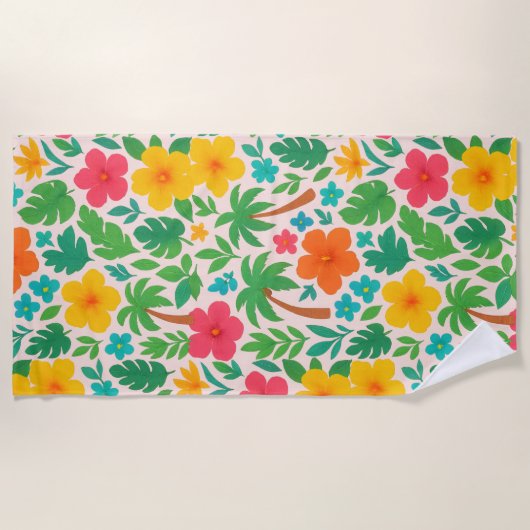 Tropical Paradise – Palm Leaves & Hibiscus Pattern ビーチタオル (正面)