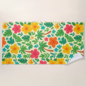 Tropical Paradise – Palm Leaves & Hibiscus Pattern ビーチタオル (正面)