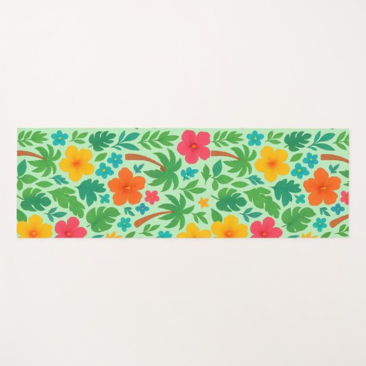 Tropical Paradise – Palm Leaves & Hibiscus Pattern ヨガマット (正面(横))