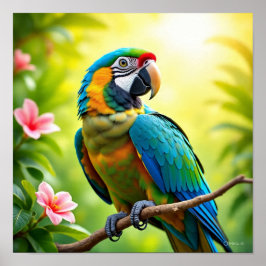 Tropical Parrot with Flowers ポスター