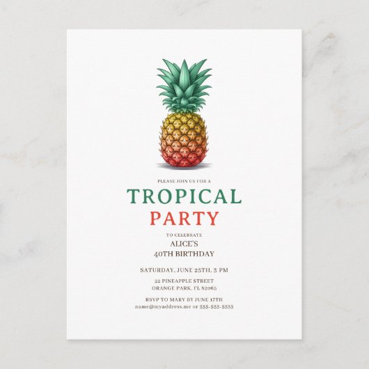 Tropical Party with retro pineapple Invitation ポストカード (正面)