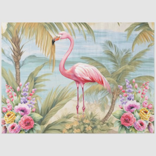 Tropical Pastel Ocean View Pink Flamingo Decoupage 薄葉紙 (正面)