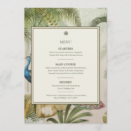 Tropical Peacock Palm 5x7 Wedding Menu Card メニュー (正面)