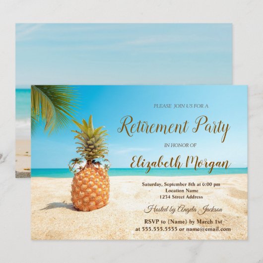 Tropical Pineapple Beach Sand Retirement Party  招待状 (正面/裏面)