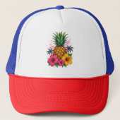 Tropical Pineapple Floral Trucker Hat  Red White キャップ (正面)