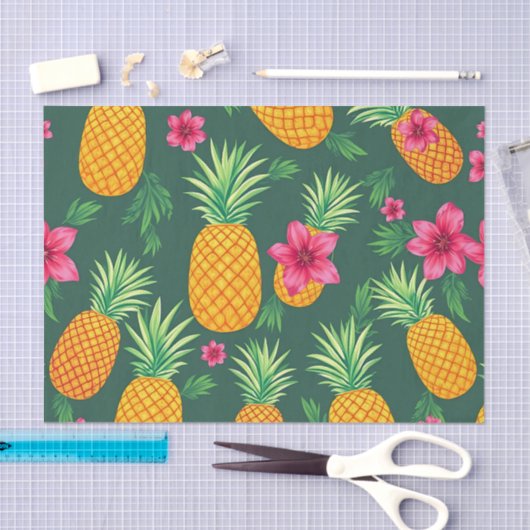 Tropical Pineapple Hibiscus Pattern 薄葉紙 (クラフト)