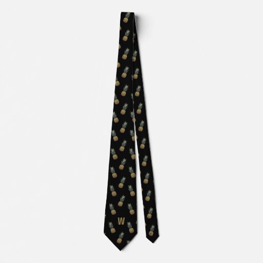 Tropical Pineapple Print Pattern Monogrammed Black ネクタイ (正面)