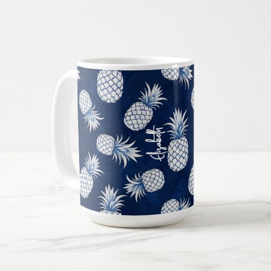 Tropical Pineapple with Name – Watercolor Style コーヒーマグカップ (正面左)