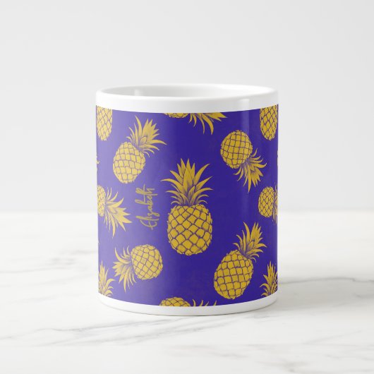 Tropical Pineapple with Name – Watercolor Style ジャンボコーヒーマグカップ (正面)