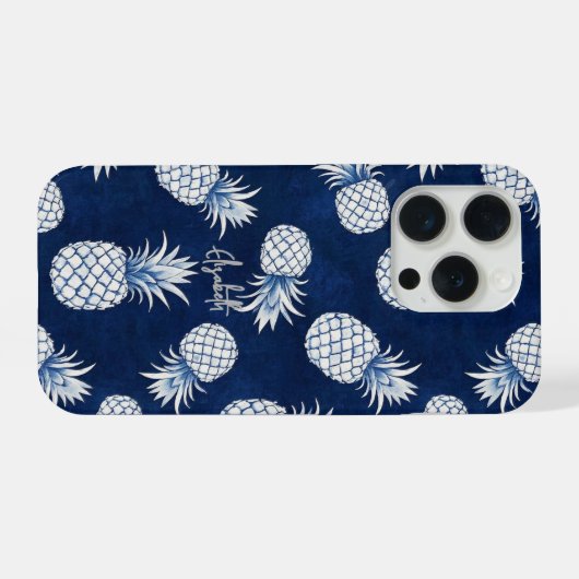 Tropical Pineapple with Name – Watercolor Style iPhoneケース (裏面横)
