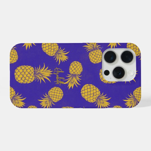 Tropical Pineapple with Name – Watercolor Style iPhoneケース (裏面横)