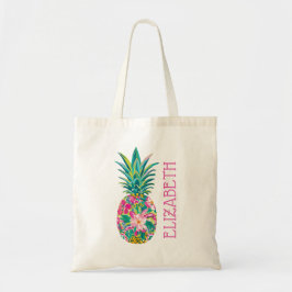 Tropical Pink and Green Floral Pineapple トートバッグ