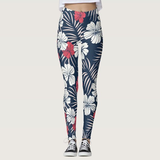 Tropical Pink and Navy Floral レギンス (正面)