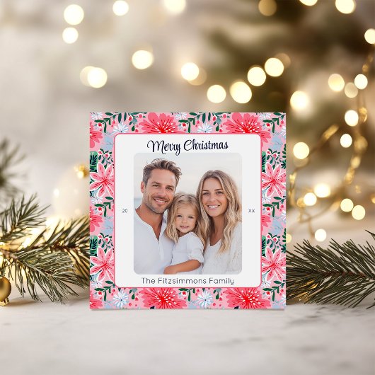 Tropical Pink Christmas Floral Photo シーズンカード