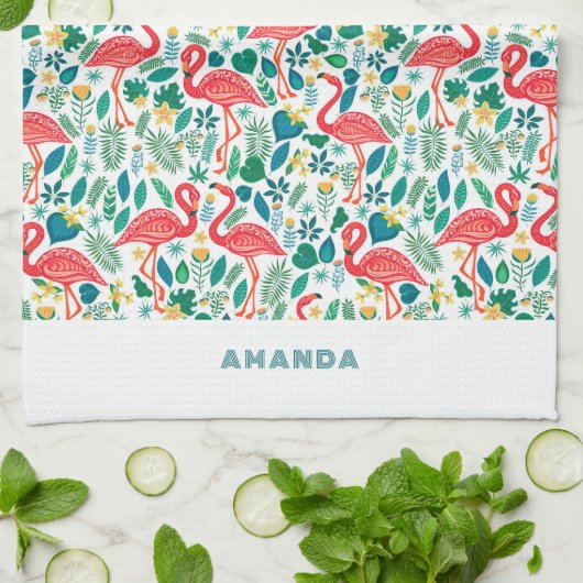 Tropical Pink Flamingo an tropical leaves pattern キッチンタオル (折り畳み)