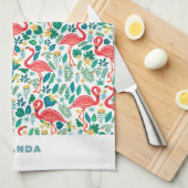 Tropical Pink Flamingo an tropical leaves pattern キッチンタオル (四つ折り)