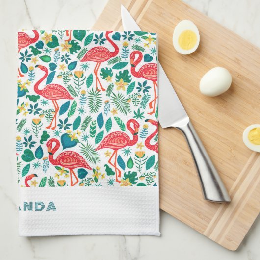 Tropical Pink Flamingo an tropical leaves pattern キッチンタオル (四つ折り)