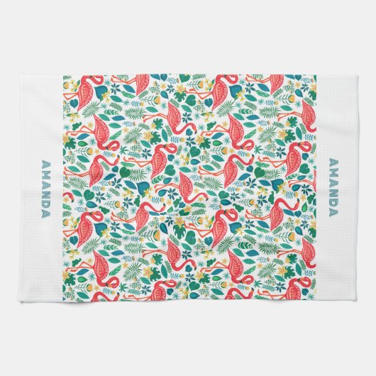 Tropical Pink Flamingo an tropical leaves pattern キッチンタオル (横)