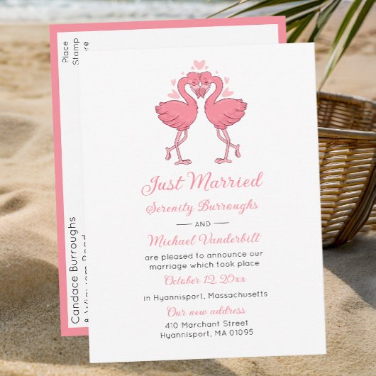 Tropical Pink Flamingo Beach Hawaiian Just Married 案内ポストカード