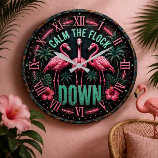 Tropical Pink Flamingo Beach Summer Home ラージ壁時計