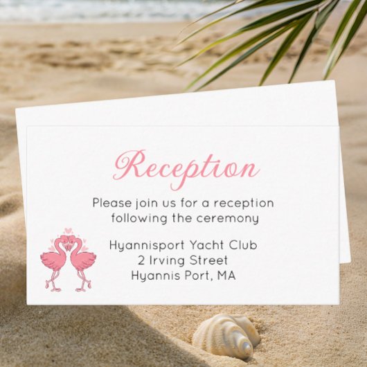 Tropical Pink Flamingo Beach Wedding Reception  エンクロージャーカード