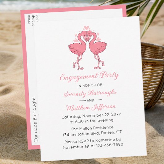 Tropical Pink Flamingo Hawaiian Engagement Party インビテーションポストカード