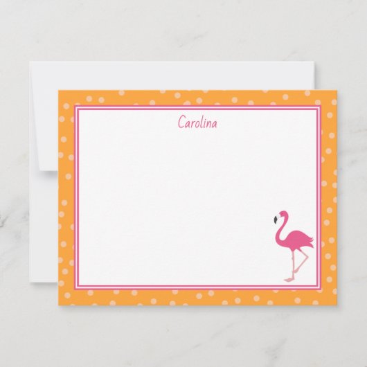 Tropical Pink Flamingo Polka Dots Orange Note Card ノートカード (正面)