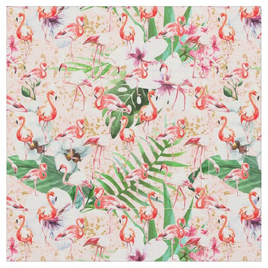 Tropical Pink Flamingos Fabric ファブリック (クローズアップ)