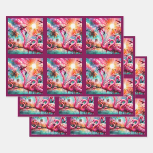 Tropical Pink Flamingos Palm Trees Sun Decoupage ラッピングペーパーシート (セット)