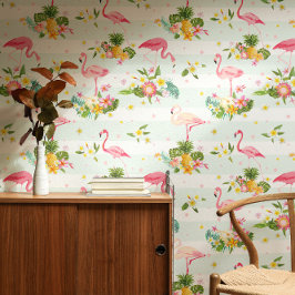 Tropical Pink Flamingos & Plant Pattern Striped 壁紙