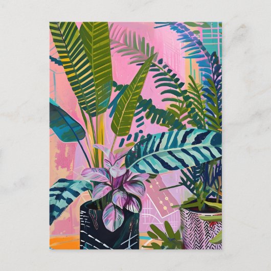 Tropical pink flamingos set against lush green ポストカード (正面)