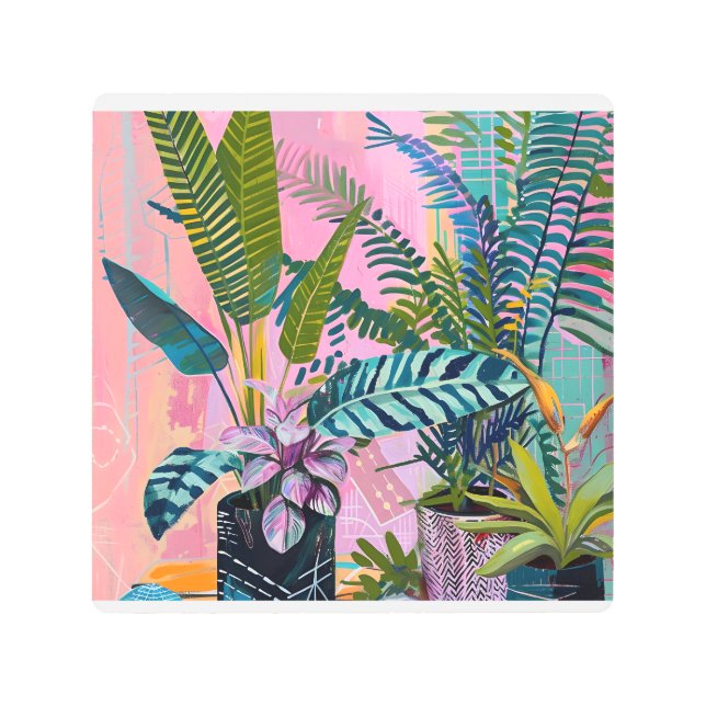Tropical pink flamingos set against lush green メタルプリント (正面)