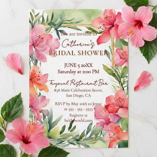 Tropical Pink Floral Greenery Gold Bridal Shower 招待状