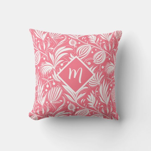 Tropical Pink Floral Pattern Diamond Monogram クッション (正面)