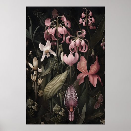 Tropical Pink Flowers Art Print, Dark Academia ポスター (正面)