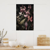 Tropical Pink Flowers Art Print, Dark Academia ポスター (キッチン)