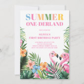 Tropical Pink Girls Summer 1st Birthday Party 招待状 (正面)