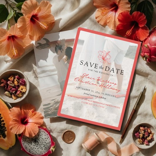 Tropical Pink Hibiscus Double Sided Photo Wedding セーブザデート