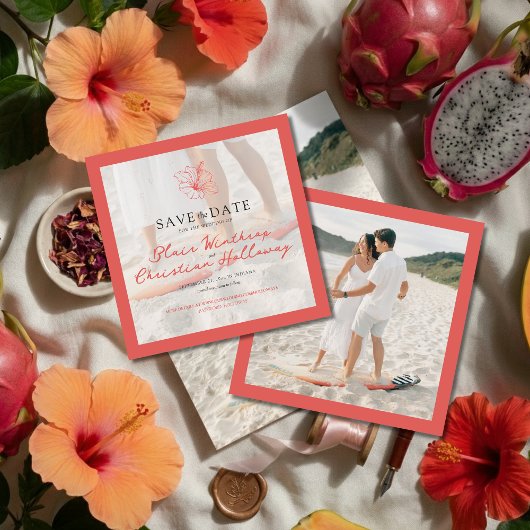 Tropical Pink Hibiscus Double Sided Photo Wedding セーブザデート